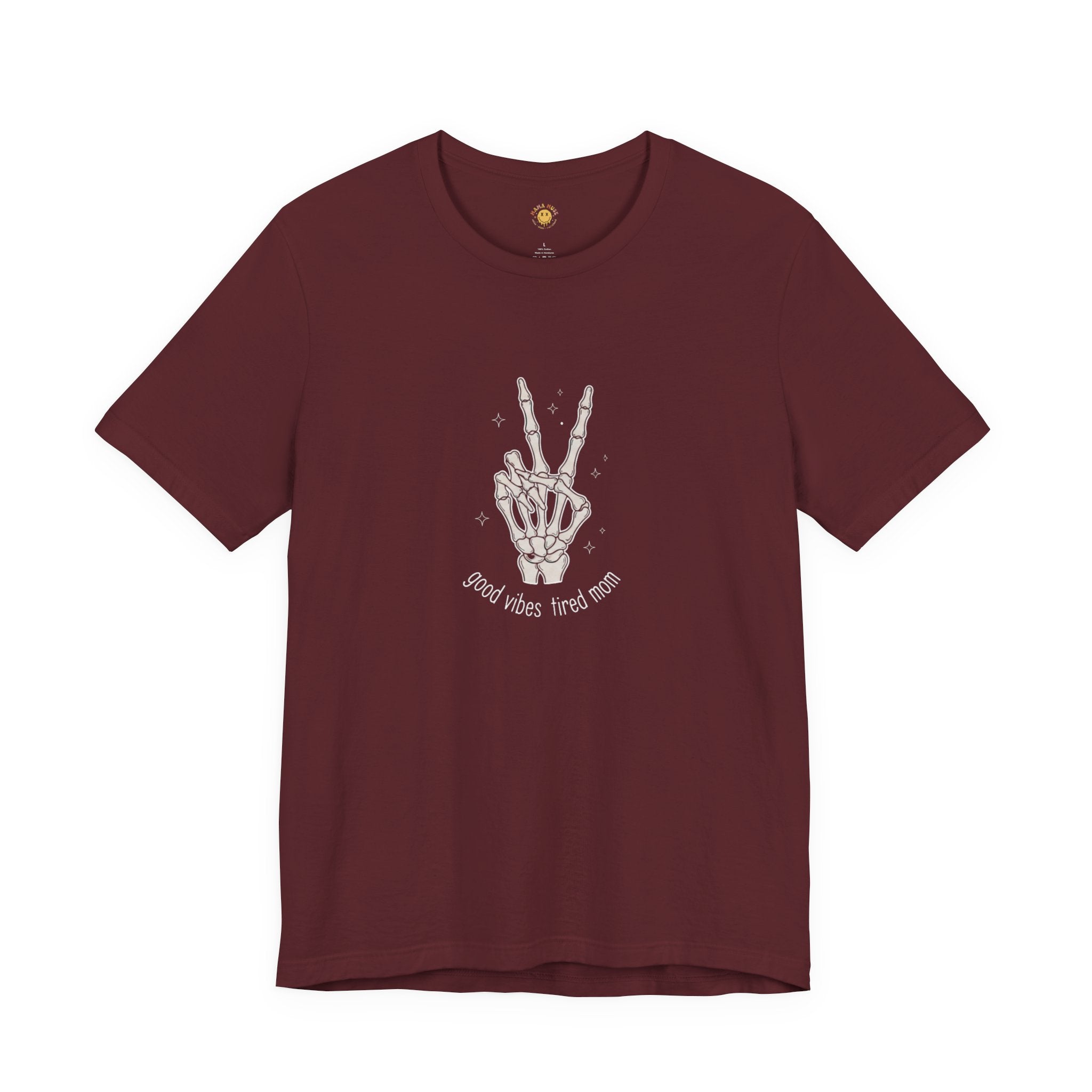 Skeleton Peace Sign T-Shirt - "Good Vibes, Tired Mom" Retro Skull Peace Tee