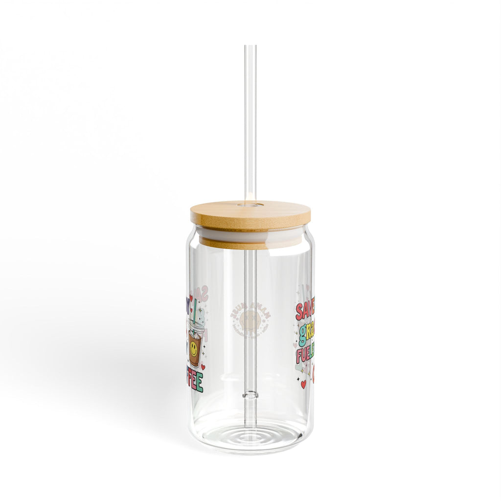 16oz Glass Sipper - "Saved By Grace Fueled By Coffee" Inspirational Drink Jar with Bamboo Lid & Straw