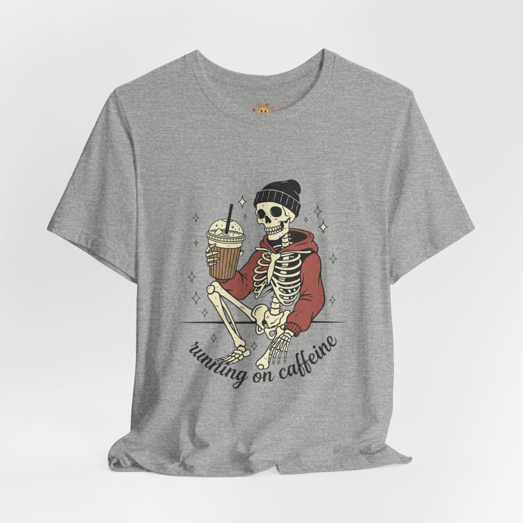 Skeleton Sips Tee — "Running on Caffeine" Coffee Skull Graphic Shirt