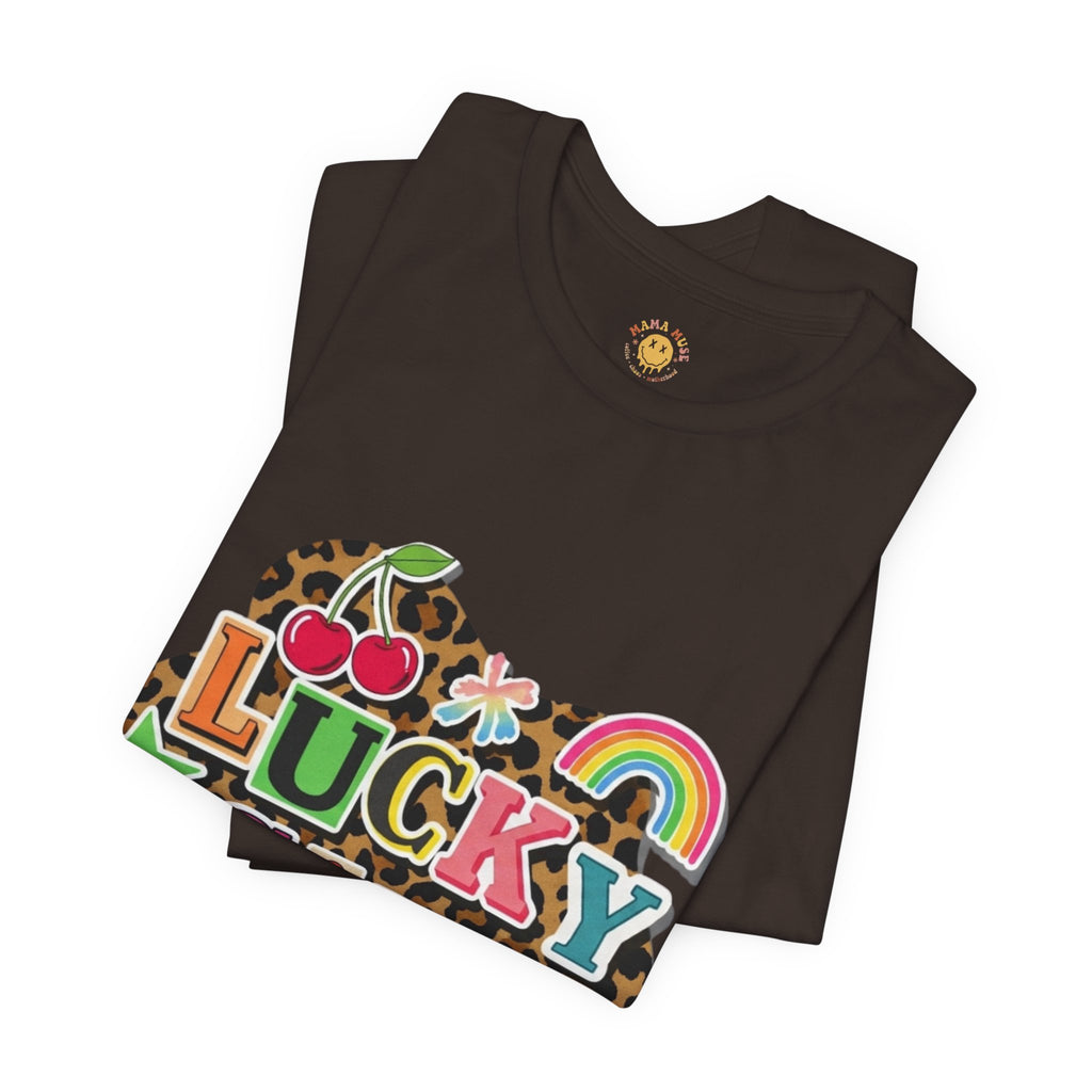 Lucky Girl Graphic Tee — Vibrant Retro Rainbow & Leopard Print T-Shirt