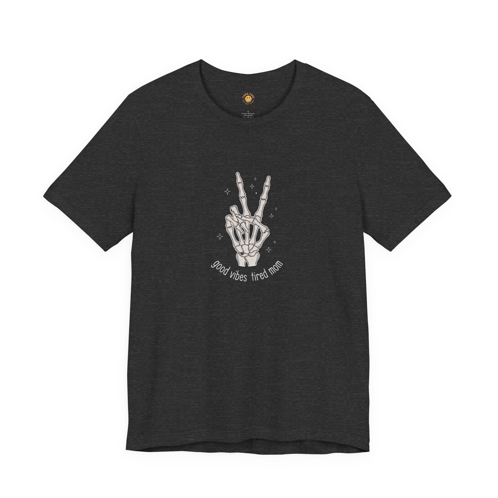 Skeleton Peace Sign T-Shirt - "Good Vibes, Tired Mom" Retro Skull Peace Tee