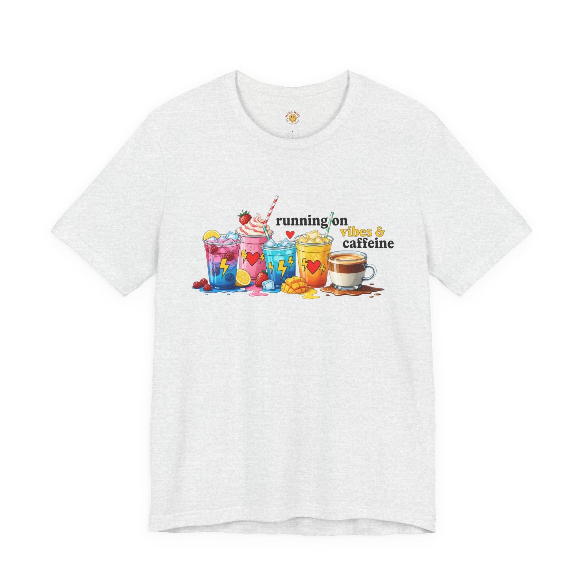 Running on Coffee & Vibes T‑Shirt — Colorful Beverage Graphic Tee