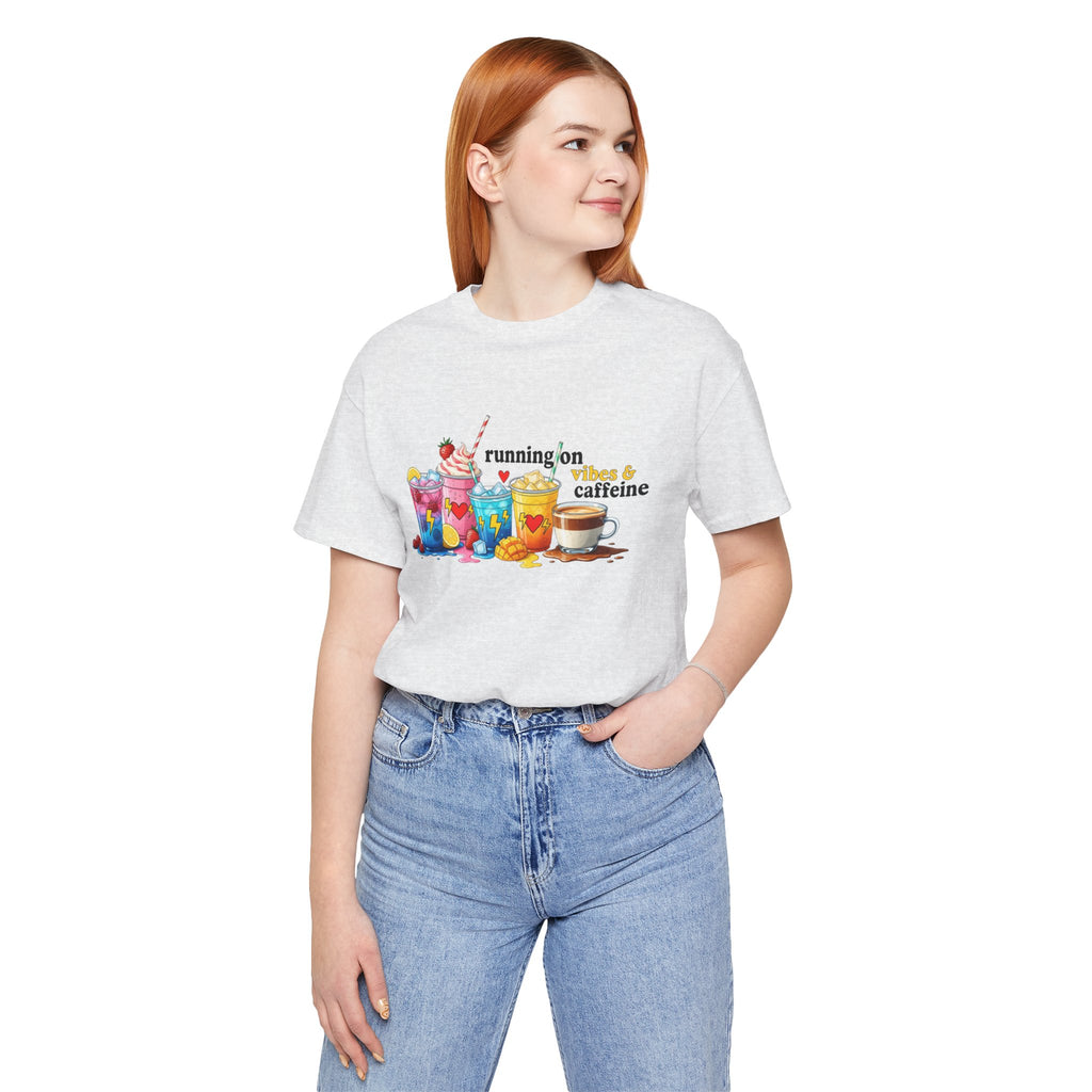 Running on Coffee & Vibes T‑Shirt — Colorful Beverage Graphic Tee
