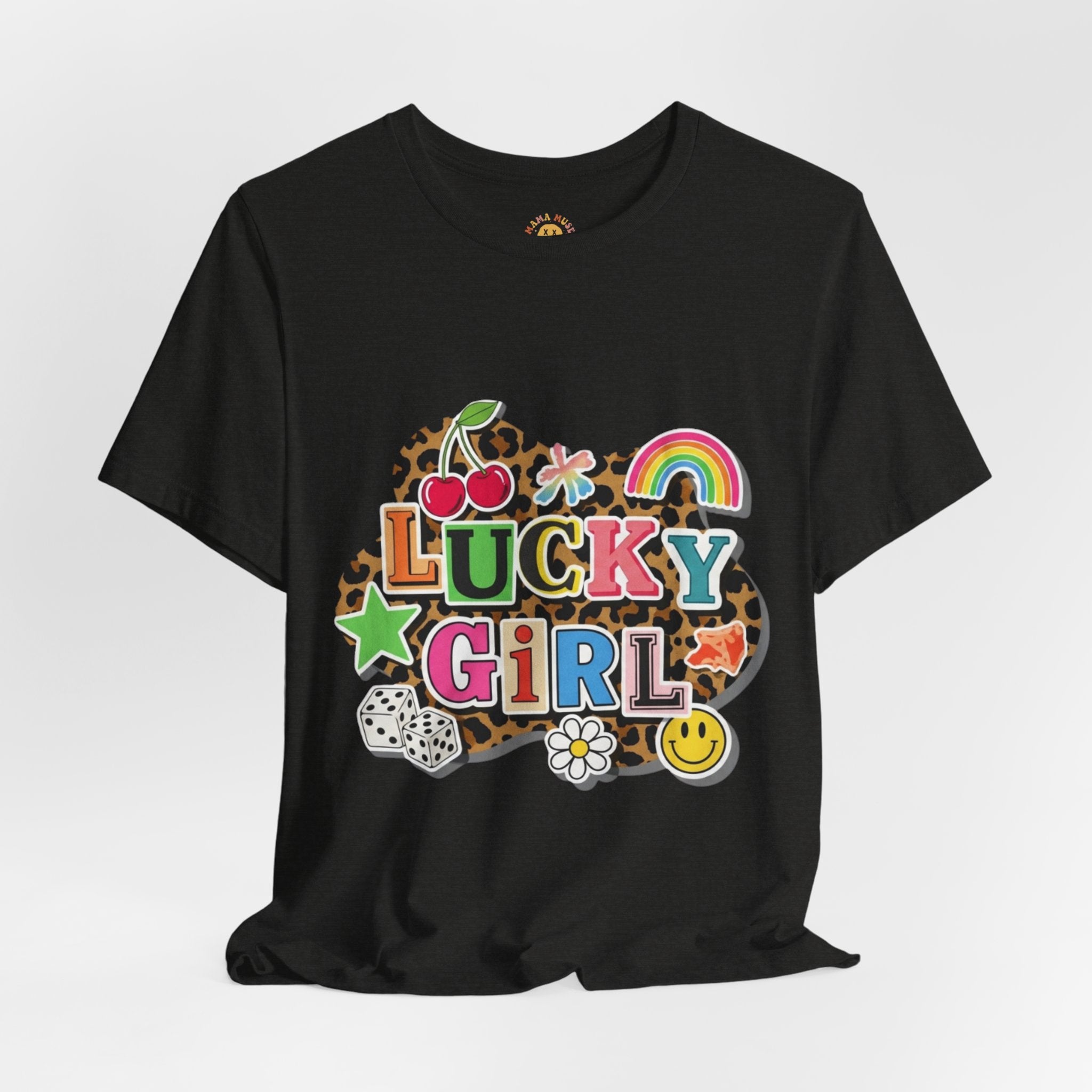 Lucky Girl Graphic Tee — Vibrant Retro Rainbow & Leopard Print T-Shirt