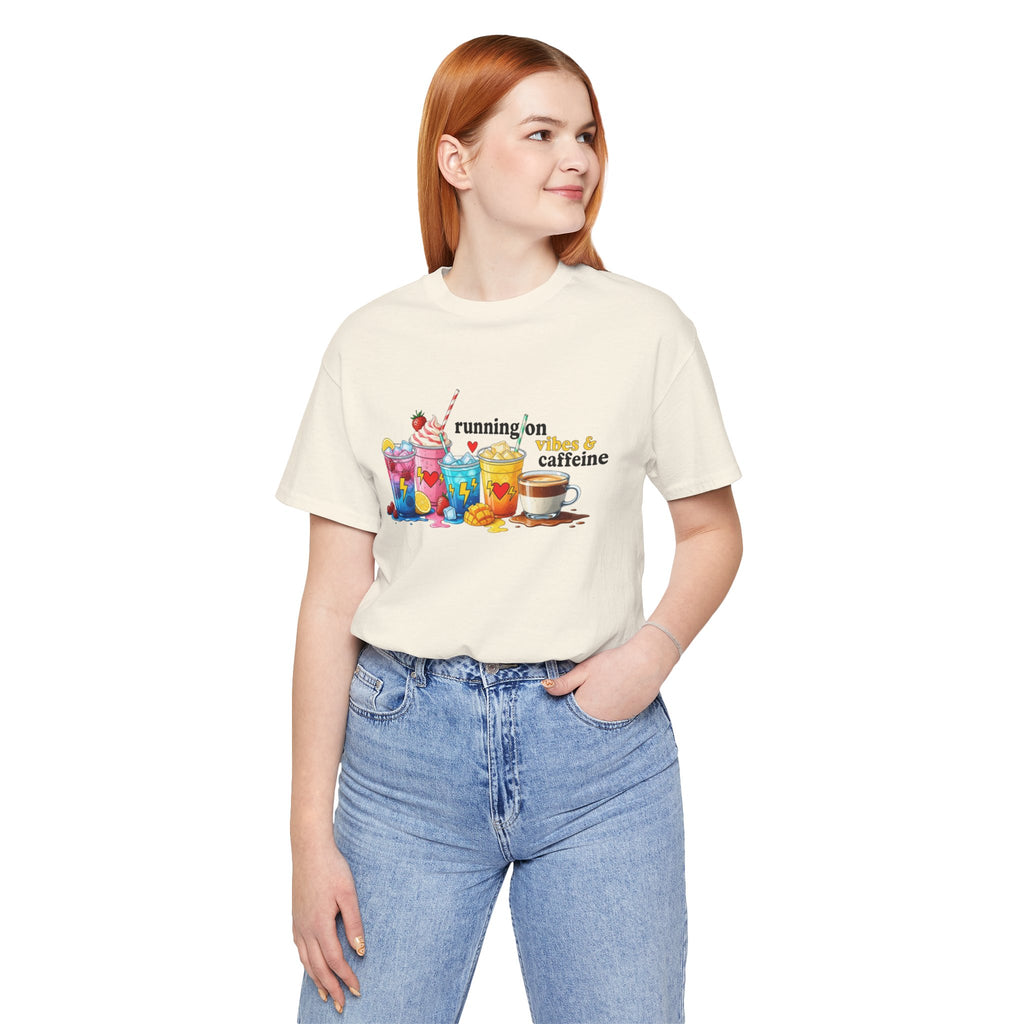 Running on Coffee & Vibes T‑Shirt — Colorful Beverage Graphic Tee